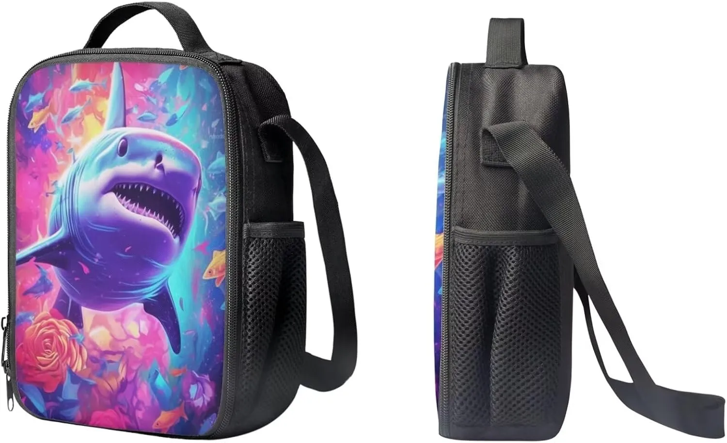 Cool Floral Shark Print Large Backpack for Kids Boys Girls Schoolbag with Lunch Bag Pencil Bag, Student Personalized Laptop Pad Tablet Travel School Bag with Multiple Pockets
