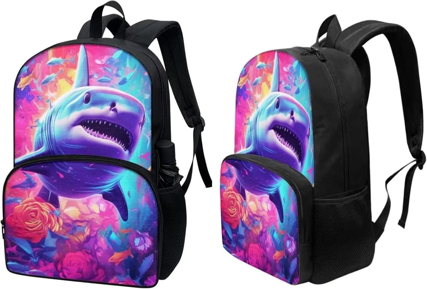 Cool Floral Shark Print Large Backpack for Kids Boys Girls Schoolbag with Lunch Bag Pencil Bag, Student Personalized Laptop Pad Tablet Travel School Bag with Multiple Pockets