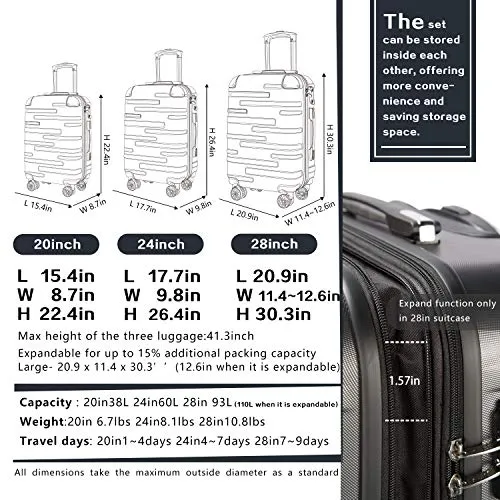 Coolife 3 Piece Expandable Luggage Set With TSA Lock - Lake Blue