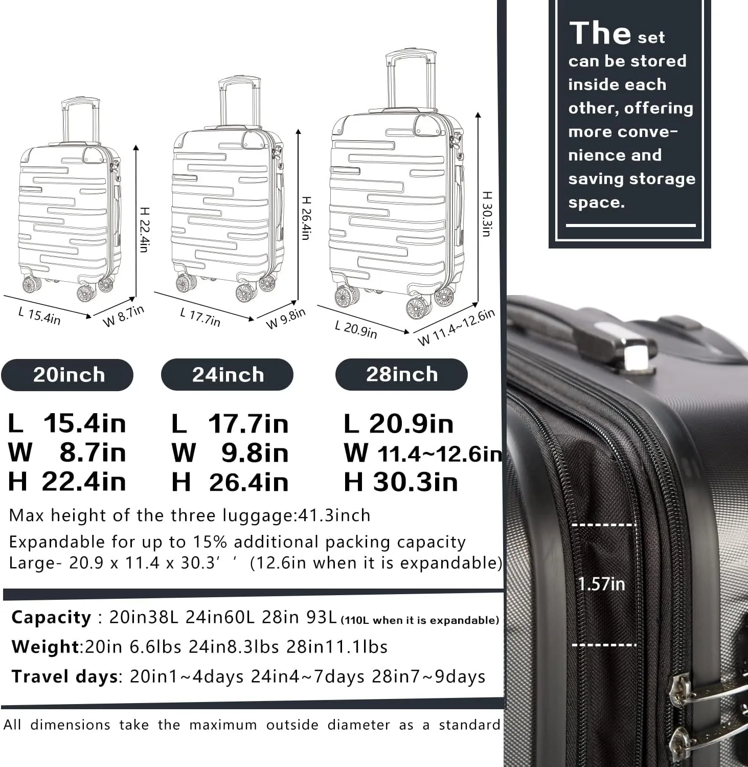 Coolife Luggage Expandable(only 28") Suitcase 3 Piece Set with TSA Lock Spinner 20in24in28in (reg grey)