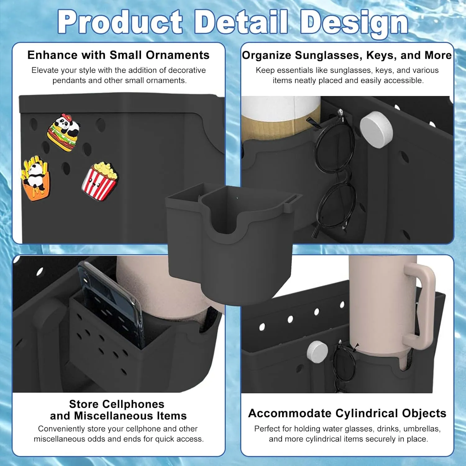 Coolnice Cup and Phone Holder for Stanley/Owala/Yeti,3 in 1 Silicone Cup Holder Fits 16-40oz, Compatible with All Bogg Bag,Simple Modern Beach Tote,Water Bottle Accessories for Phone Sunglasses-Black