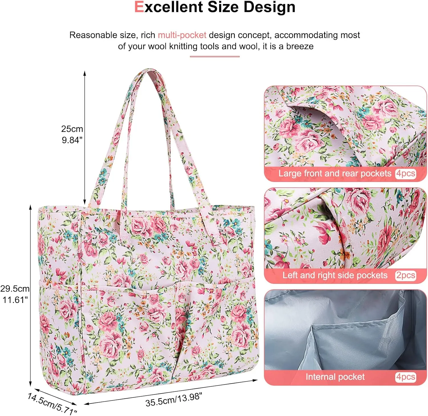 Coopay Craft Bag Knitting Tote for Yarn Crochet Knitting Cross Stitch Project & Supplies, Pink