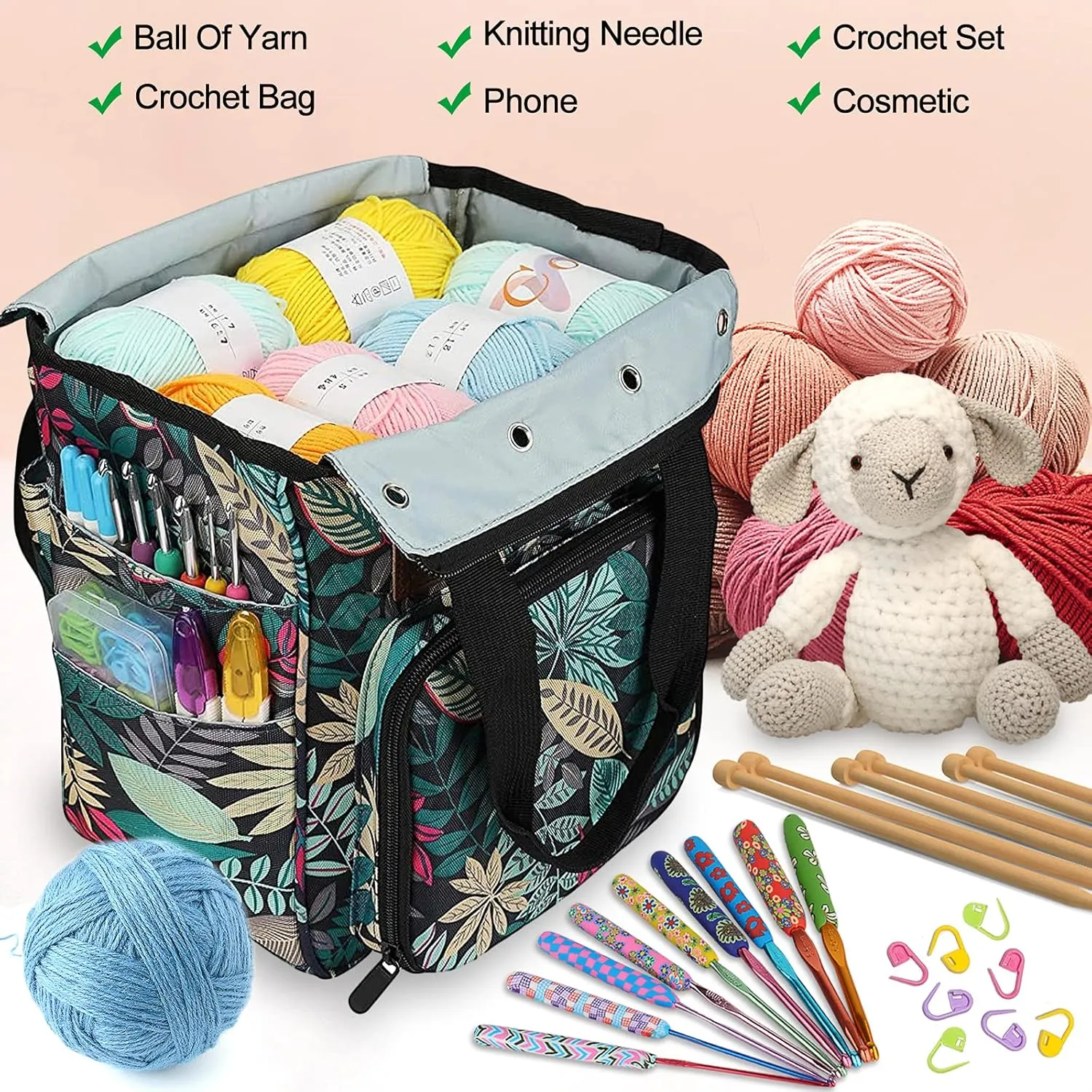 Coopay Crochet & Knitting Tote, Traveling Craft Tote Organizer for Hooks, Needles, Skein, Diamond Painting, Supplies (Forest Green)