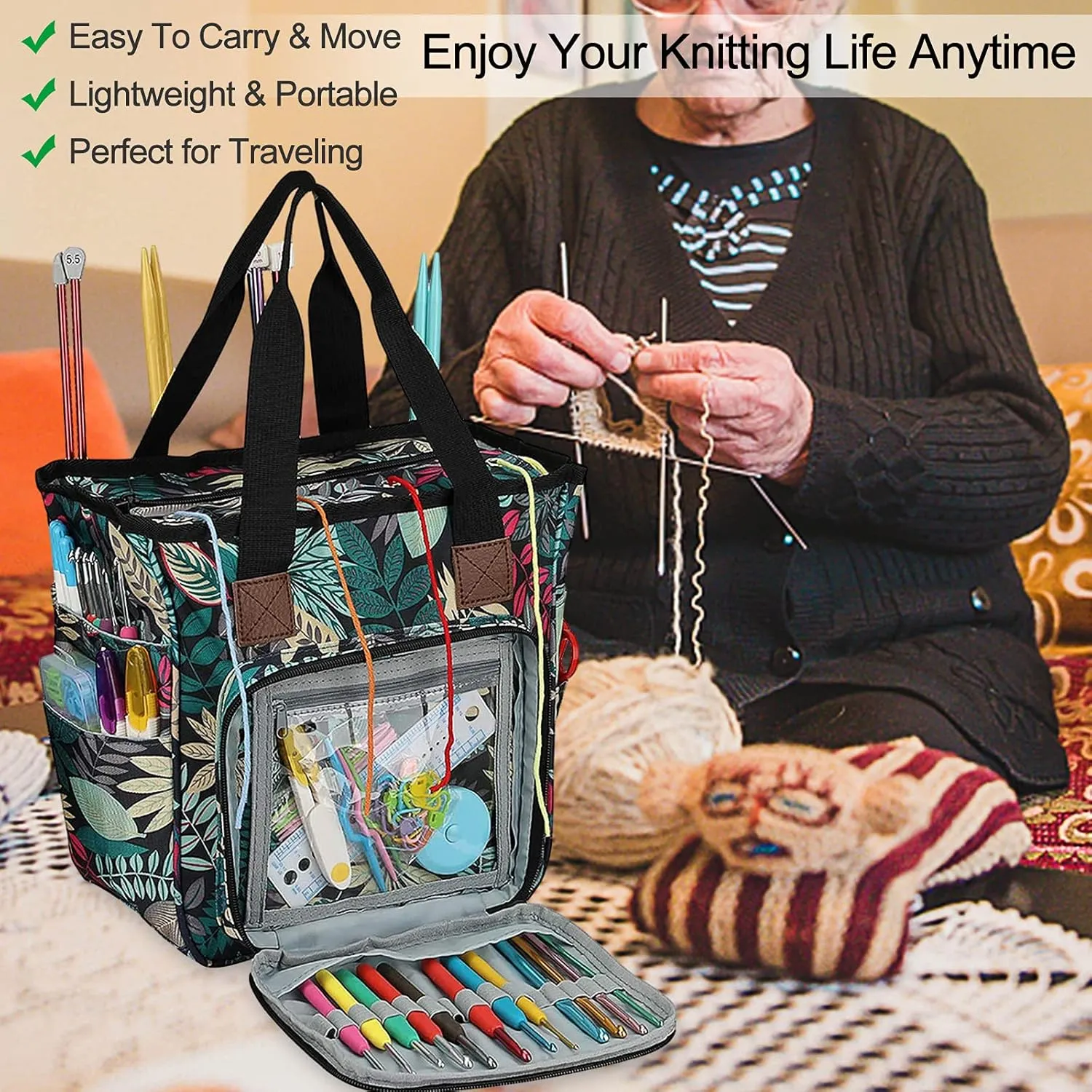 Coopay Crochet & Knitting Tote, Traveling Craft Tote Organizer for Hooks, Needles, Skein, Diamond Painting, Supplies (Forest Green)