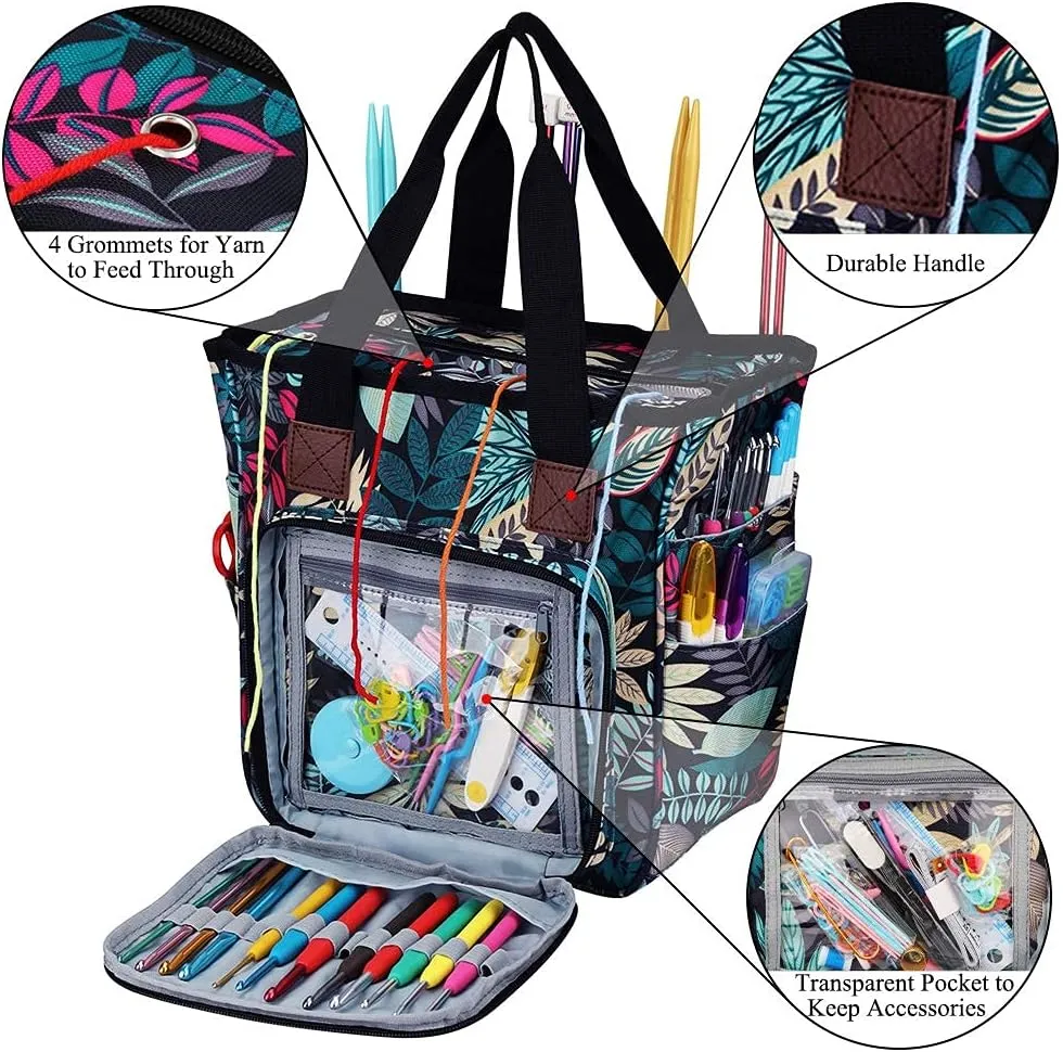 Coopay Crochet & Knitting Tote, Traveling Craft Tote Organizer for Hooks, Needles, Skein, Diamond Painting, Supplies (Forest Green)