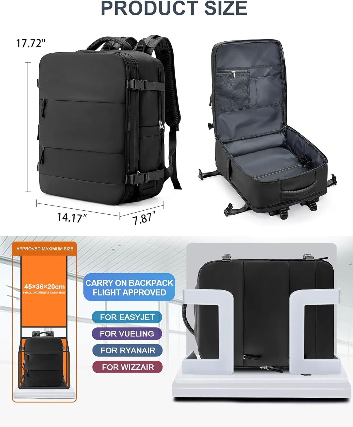 coowoz Large Travel Backpack Carry On for Women Man Black Waterproof Gym Backpack with Laptop Compartment Mochila de Viaje Teacher Personal Item Backpack Rucksack Airplane Accessories Must Haves
