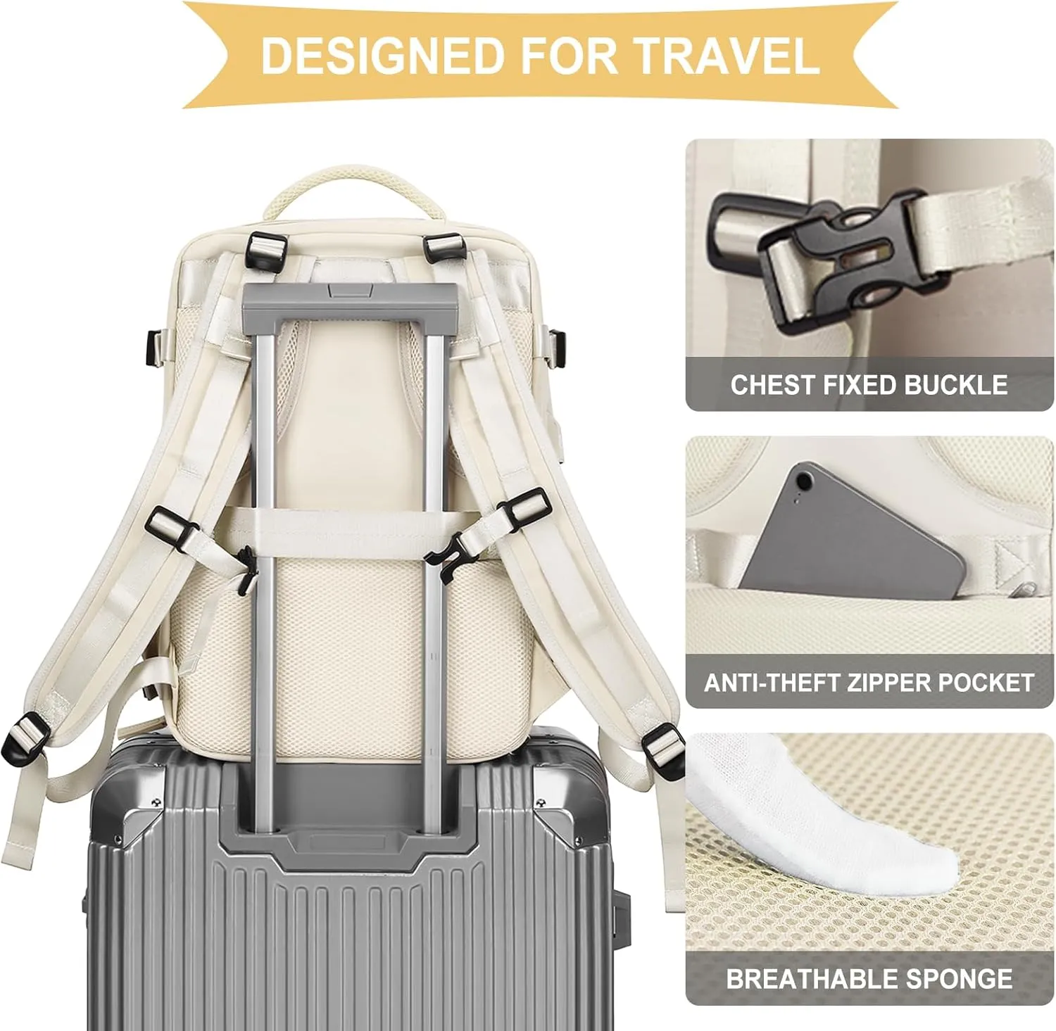 coowoz Large Travel Backpack For Women Men,Carry On Backpack,Hiking Backpack Waterproof Outdoor Sports Rucksack Casual Daypack travel essentials（Off White Thin Material）