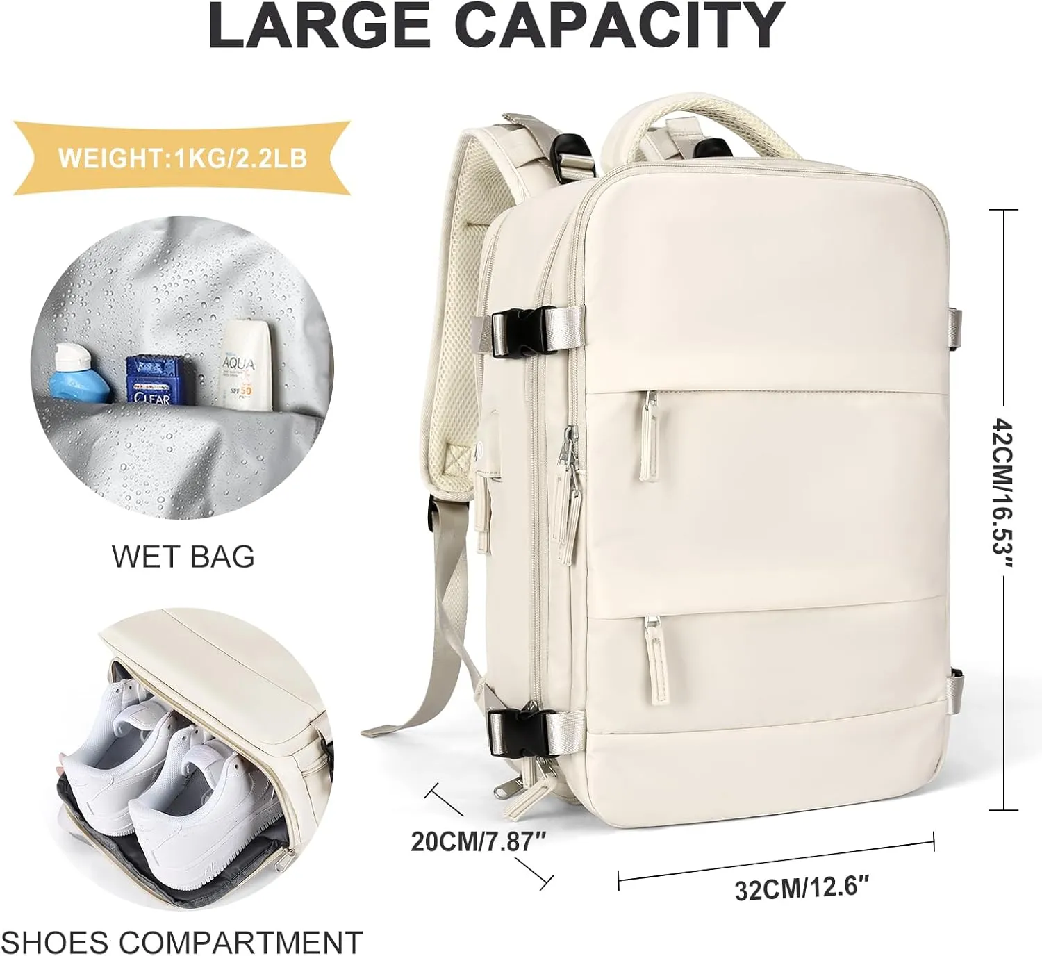 coowoz Large Travel Backpack For Women Men,Carry On Backpack,Hiking Backpack Waterproof Outdoor Sports Rucksack Casual Daypack travel essentials（Off White Thin Material）
