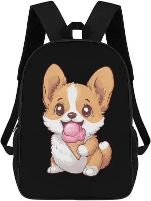 Corgi Puppy Eating Ice-Cream 17 Inch Travel Backpack Casual Daypacks Computer Shoulder Bag for Work Shopping Unisex