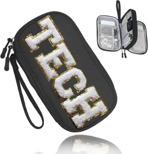 COSHAYSOO Small Electronics Organizer Travel Bag with Chenille Letter Patch for Women Christmas Gift, Cord Charger Cable Traveling Accessory Pouch Essential Supply Storage Case (Black)
