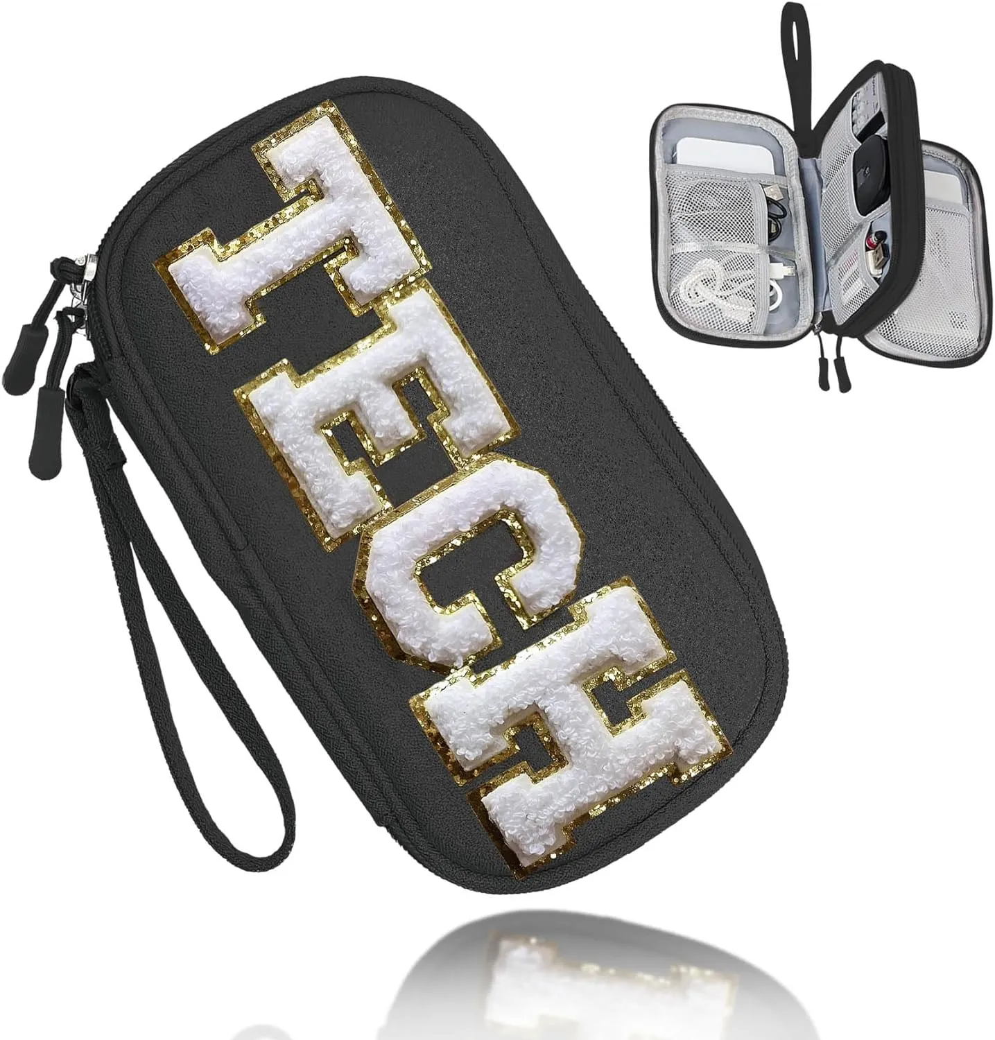 COSHAYSOO Small Electronics Organizer Travel Bag with Chenille Letter Patch for Women Christmas Gift, Cord Charger Cable Traveling Accessory Pouch Essential Supply Storage Case (Black)