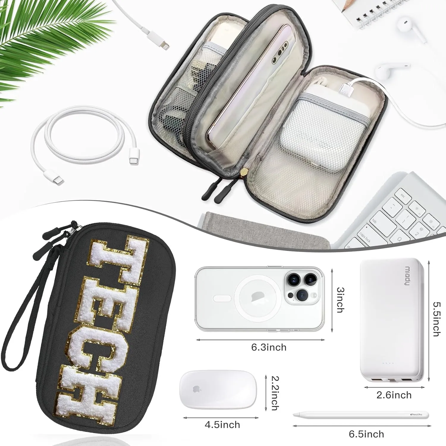 COSHAYSOO Small Electronics Organizer Travel Bag with Chenille Letter Patch for Women Christmas Gift, Cord Charger Cable Traveling Accessory Pouch Essential Supply Storage Case (Black)