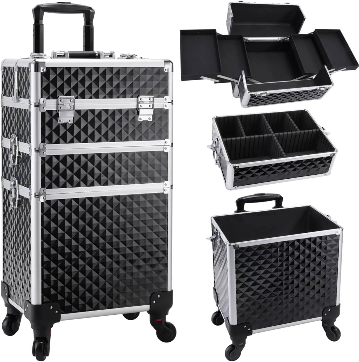 Cosmetology Case on Wheels 3 in 1 Rolling Makeup Train Case Nail Tech Makeup Organizers Storage Cart Cosmetic Trolley Travel Barber Suitcase for Make up Artist Manicure Hair Lockable, Black