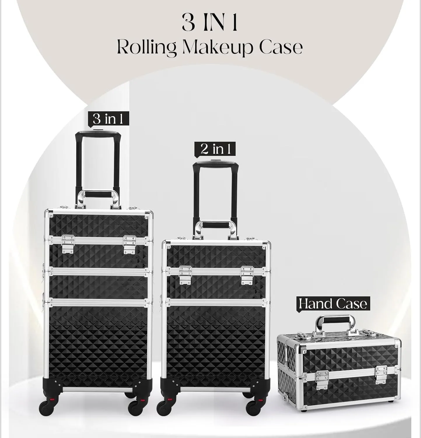 Cosmetology Case on Wheels 3 in 1 Rolling Makeup Train Case Nail Tech Makeup Organizers Storage Cart Cosmetic Trolley Travel Barber Suitcase for Make up Artist Manicure Hair Lockable, Black