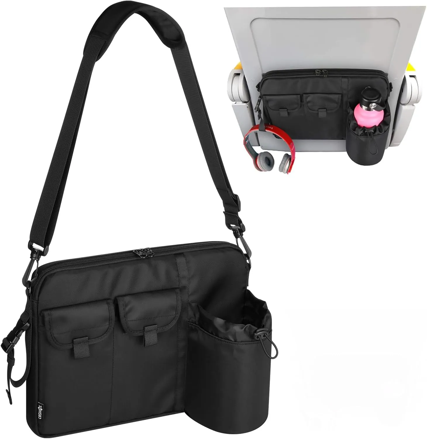 Cosmos Airplane Seatback Organizer Flight Seat Back Storage Bag Hanging Pocket with Adjustable Shoulder Strap, Commuter Shoulder Bag Travel Essentials Media Pouch for Personal Items