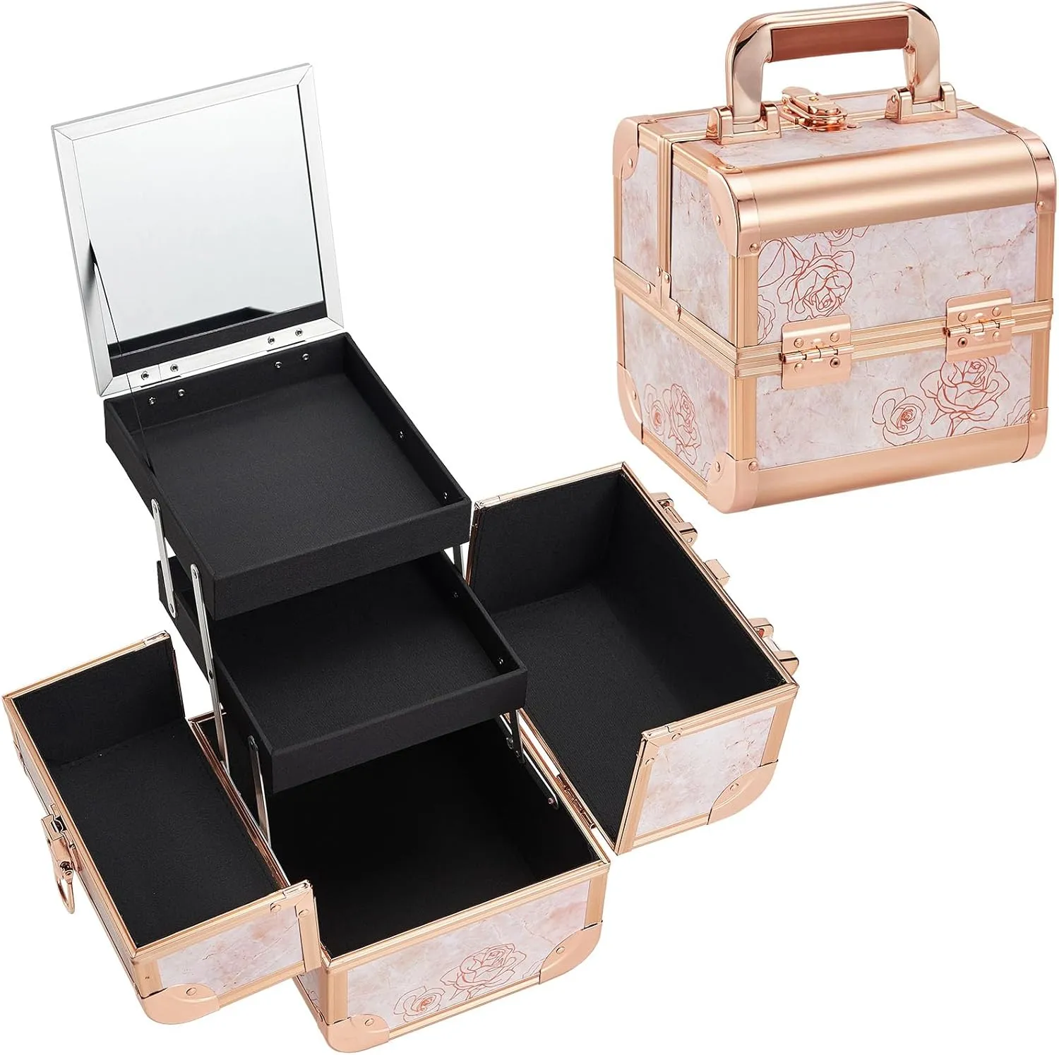 Costravio Makeup Box Train Case with Mirror Travel Organizer Cosmetic Jewelry Storage Box with 2-Tier Tackle Trays Light-weight Portable Lockable Makeup Organizer Box - Flower Pattern Design