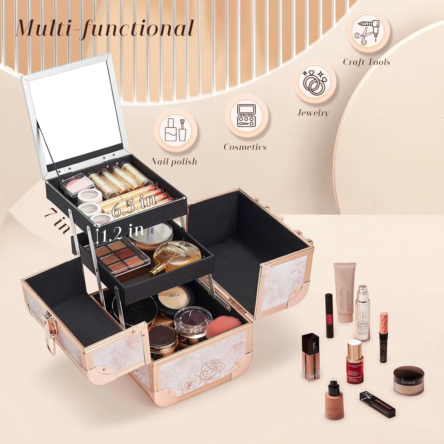 Costravio Makeup Box Train Case with Mirror Travel Organizer Cosmetic Jewelry Storage Box with 2-Tier Tackle Trays Light-weight Portable Lockable Makeup Organizer Box - Flower Pattern Design
