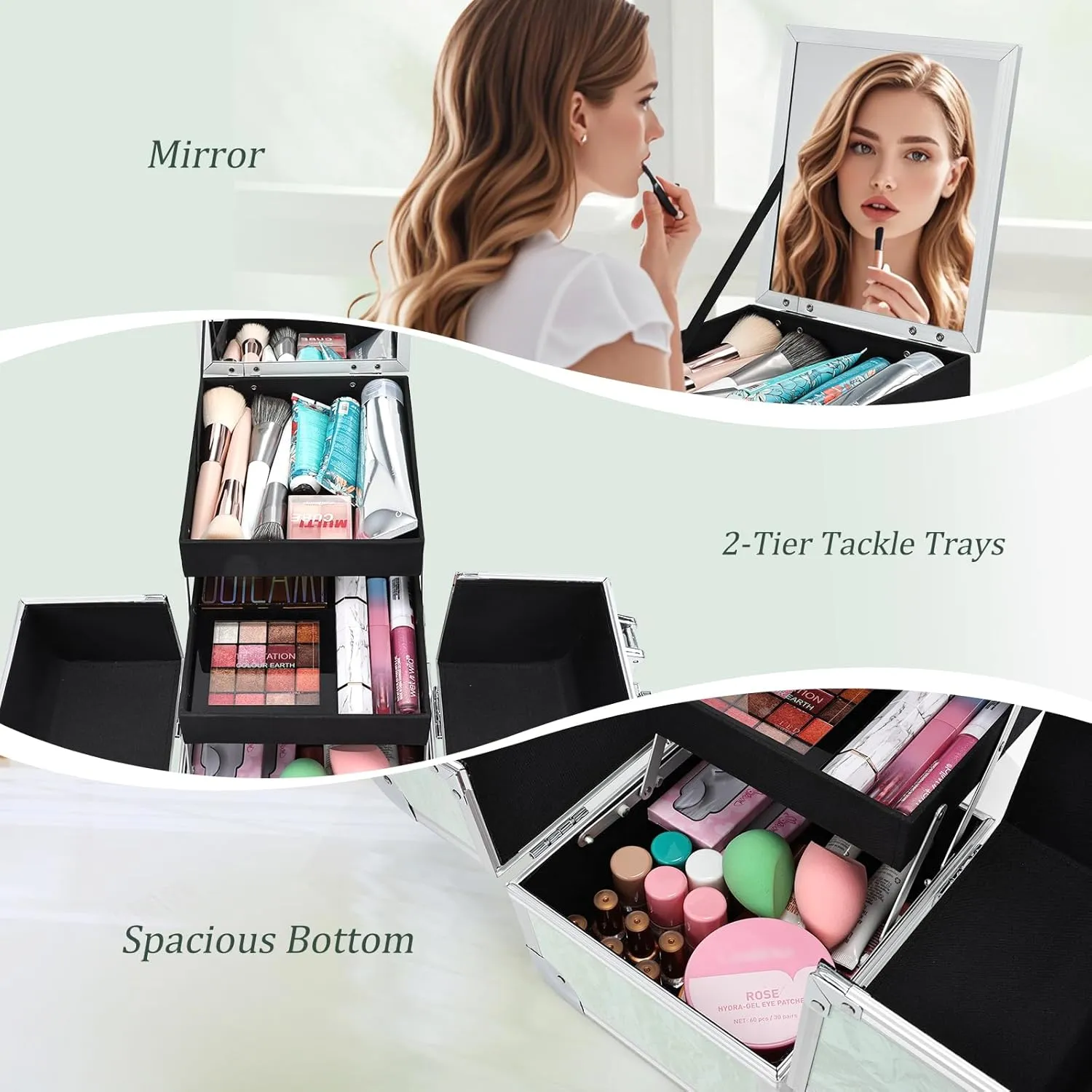 Costravio Makeup Train Case Organizer Box, Tavel Make-up Cosmetic Storage, Nail Supplies Storage Organizer with 2-Tier Tackle Trays & Mirror, Portable Lockable Carrying Case for Women or Girls