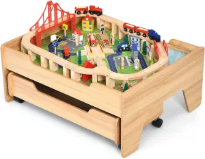 Costzon Train Table with 100 Multicolor Pieces, Wooden Kids Activity Table with Large Rolling Storage Drawer, Tracks, Cars, DIY Design, Train Set Table for Toddlers 3 , Gift for Boys Girls