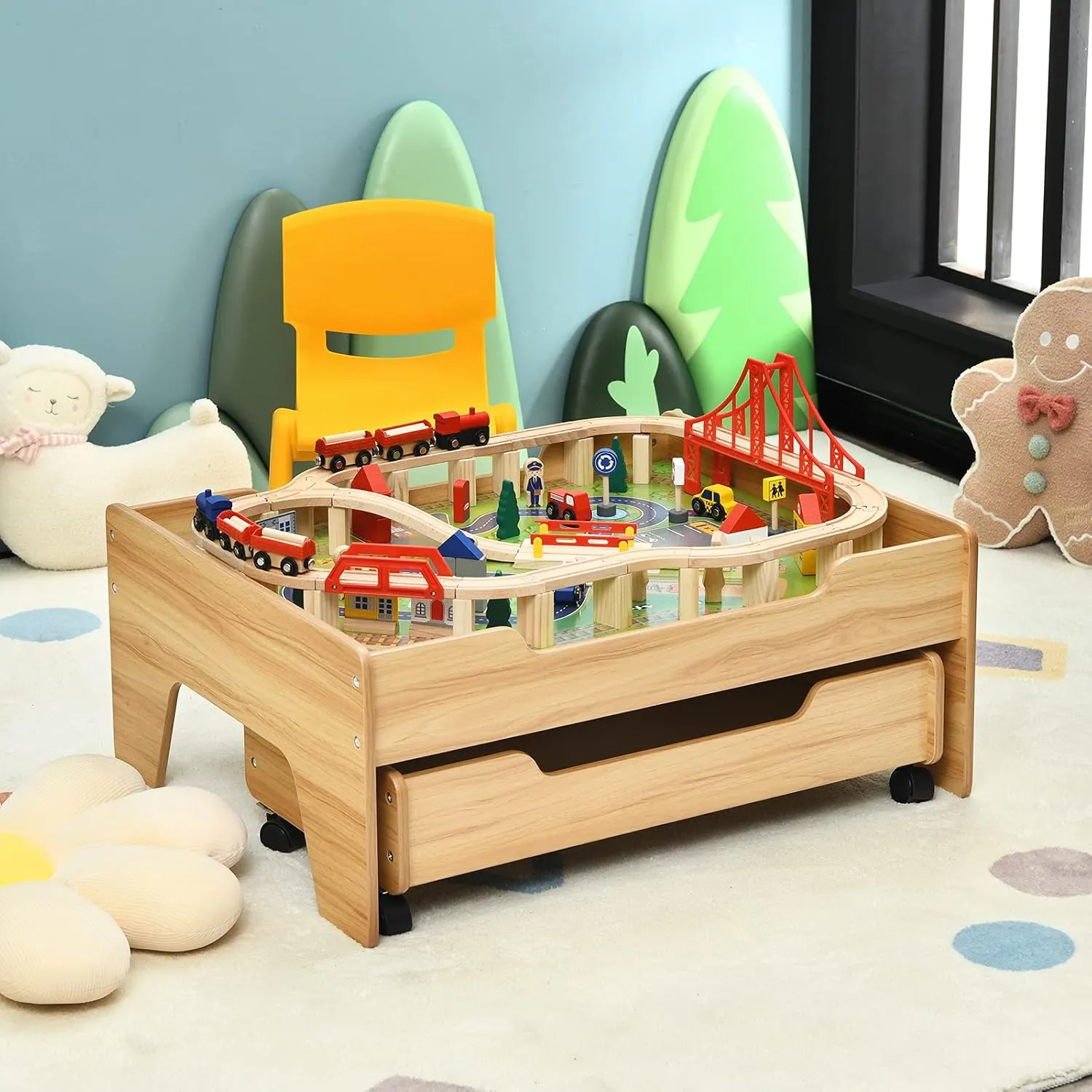 Costzon Train Table with 100 Multicolor Pieces, Wooden Kids Activity Table with Large Rolling Storage Drawer, Tracks, Cars, DIY Design, Train Set Table for Toddlers 3 , Gift for Boys Girls