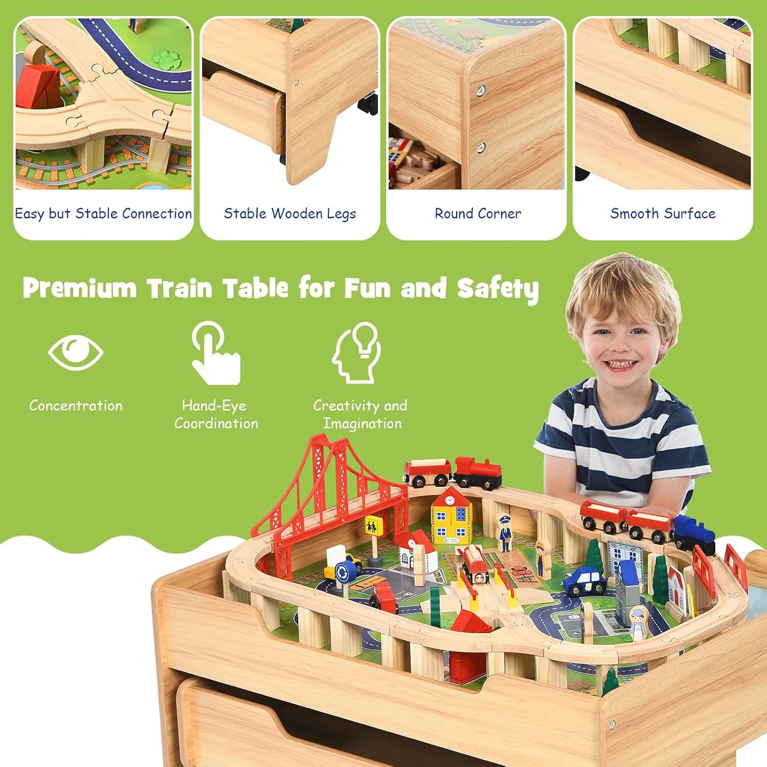 Costzon Train Table with 100 Multicolor Pieces, Wooden Kids Activity Table with Large Rolling Storage Drawer, Tracks, Cars, DIY Design, Train Set Table for Toddlers 3 , Gift for Boys Girls