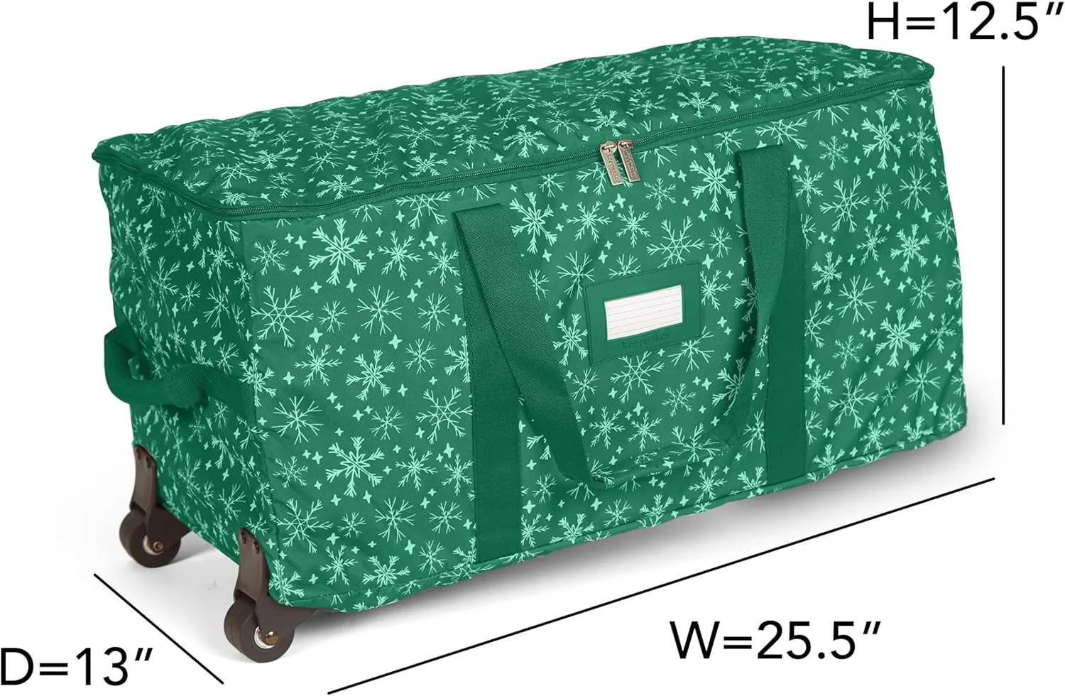 Covermates Keepsakes Rolling Adjustable Ornament Storage Bag - Carrying Handles, Padded Protection, Dual Wheels - Holiday Storage, Green Snowflake