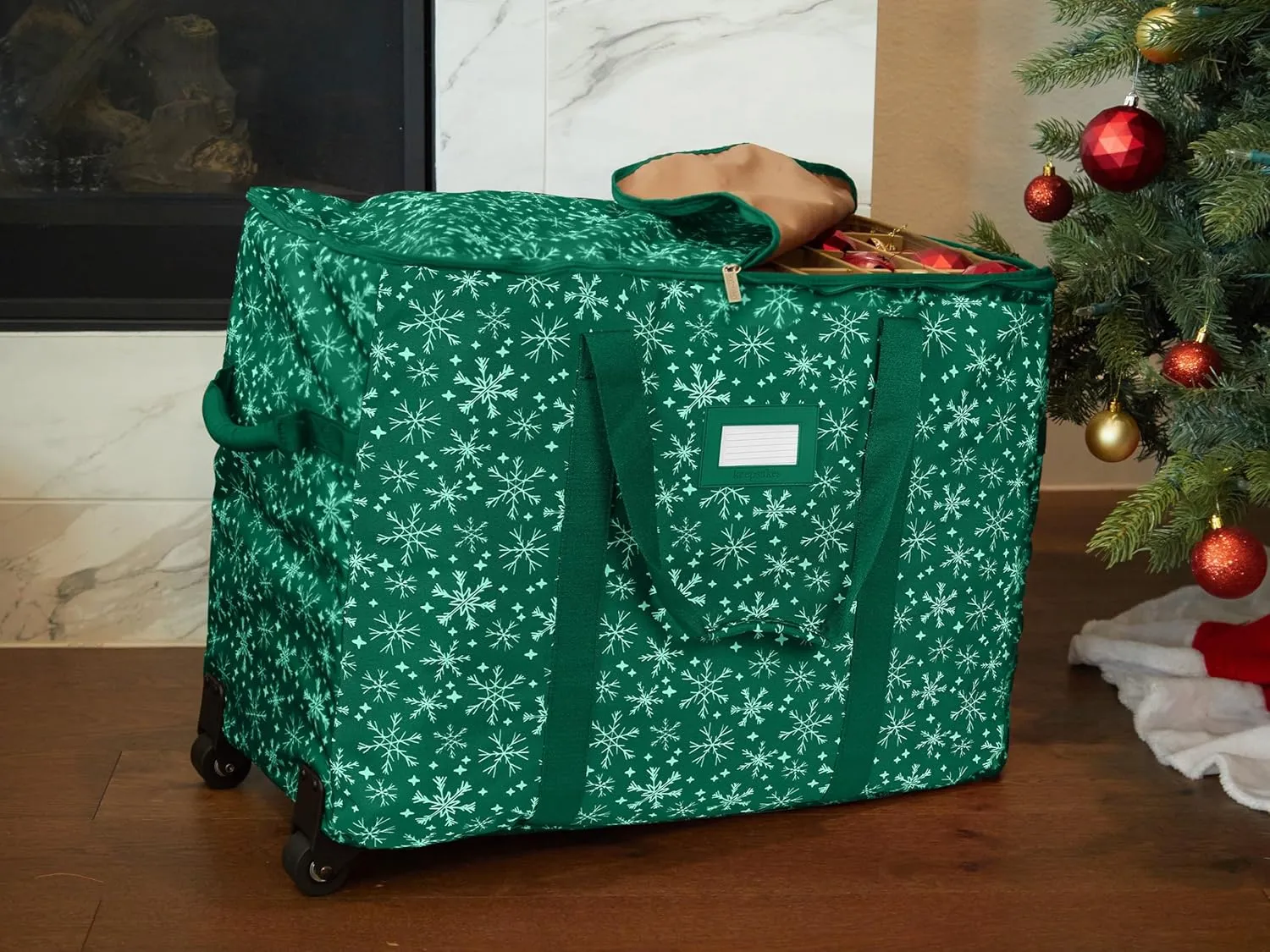 Covermates Keepsakes Rolling Adjustable Ornament Storage Bag - Carrying Handles, Padded Protection, Dual Wheels - Holiday Storage, Green Snowflake