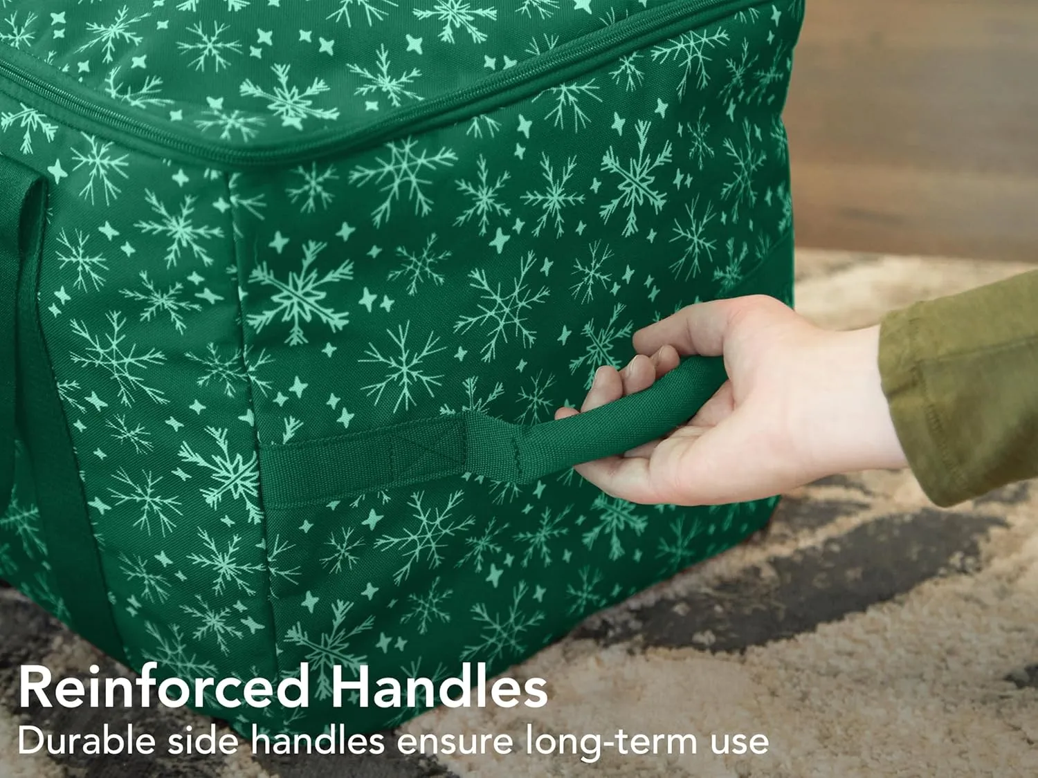 Covermates Keepsakes Rolling Adjustable Ornament Storage Bag - Carrying Handles, Padded Protection, Dual Wheels - Holiday Storage, Green Snowflake