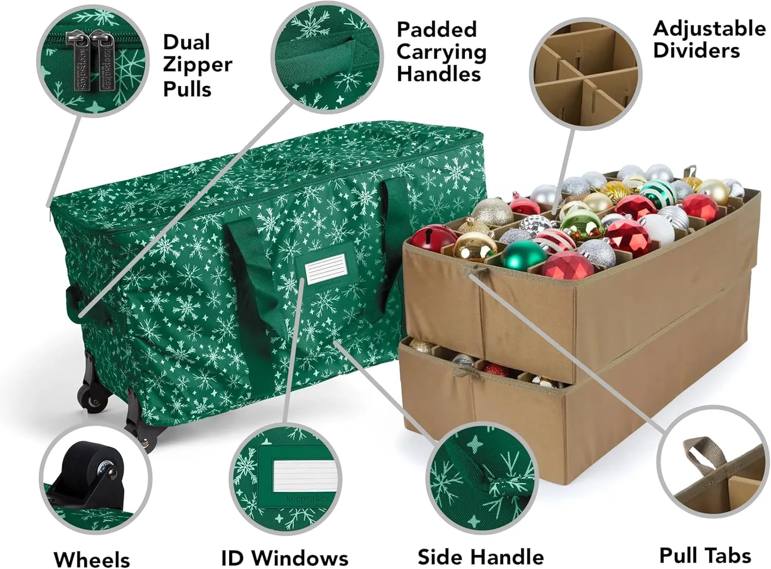 Covermates Keepsakes Rolling Adjustable Ornament Storage Bag - Carrying Handles, Padded Protection, Dual Wheels - Holiday Storage, Green Snowflake