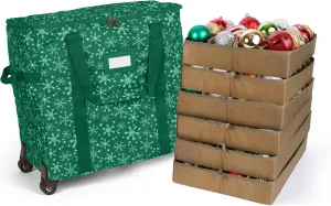Covermates Keepsakes Rolling Adjustable Ornament Storage Bag - Carrying Handles, Padded Protection, Dual Wheels - Holiday Storage, Green Snowflake
