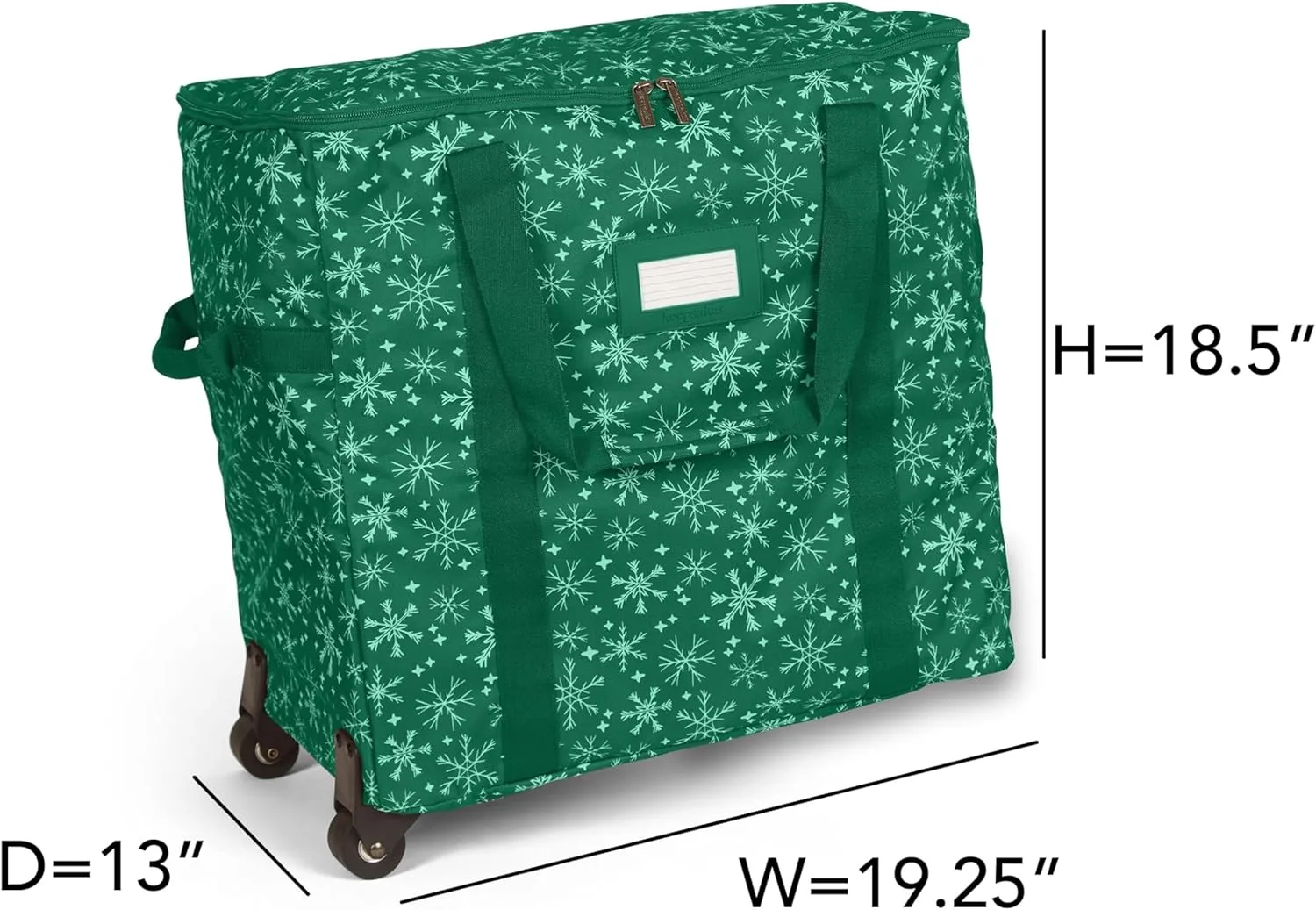 Covermates Keepsakes Rolling Adjustable Ornament Storage Bag - Carrying Handles, Padded Protection, Dual Wheels - Holiday Storage, Green Snowflake