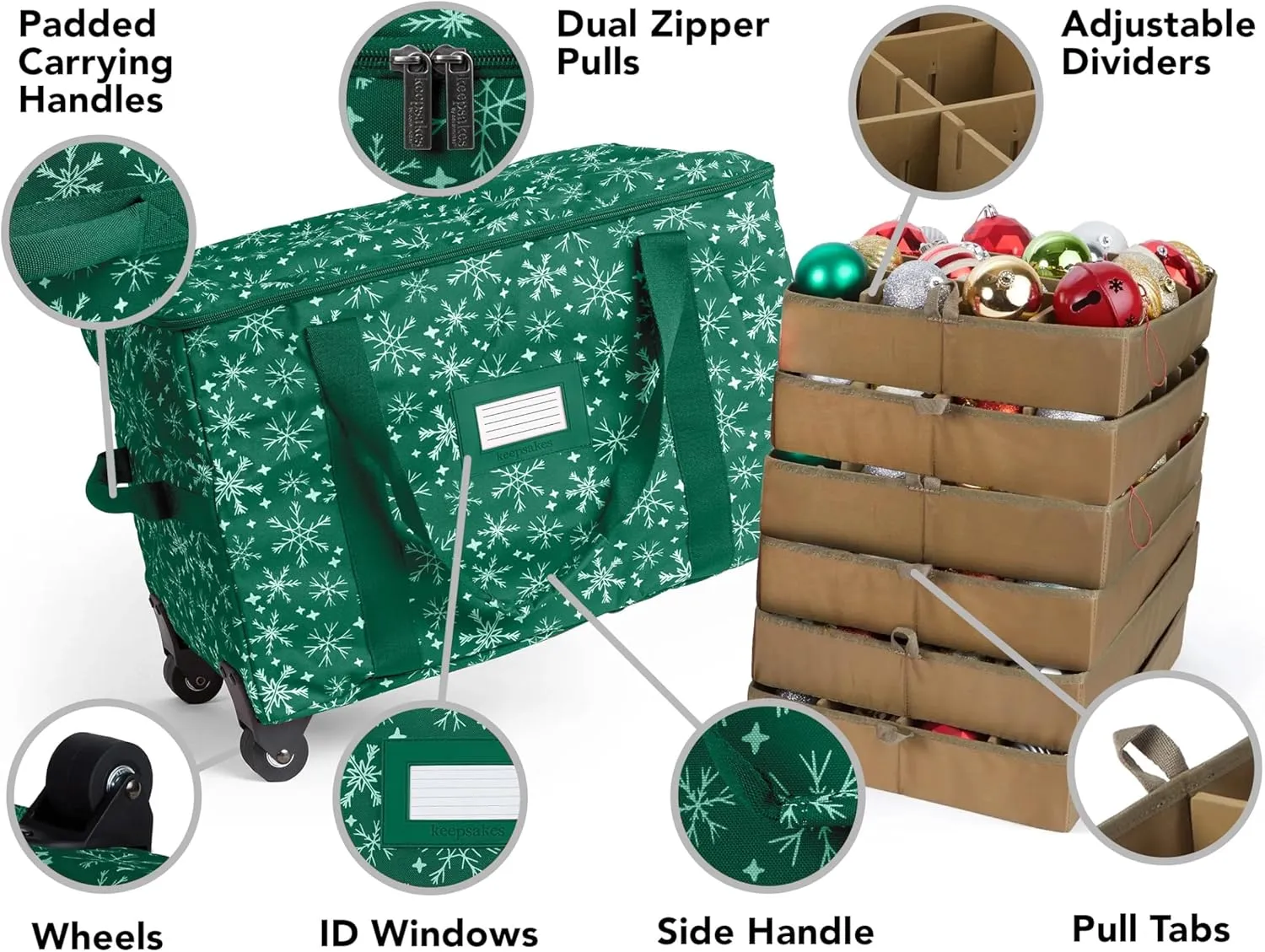 Covermates Keepsakes Rolling Adjustable Ornament Storage Bag - Carrying Handles, Padded Protection, Dual Wheels - Holiday Storage, Green Snowflake