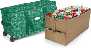 Covermates Keepsakes Rolling Adjustable Ornament Storage Bag - Carrying Handles, Padded Protection, Dual Wheels - Holiday Storage, Green Snowflake