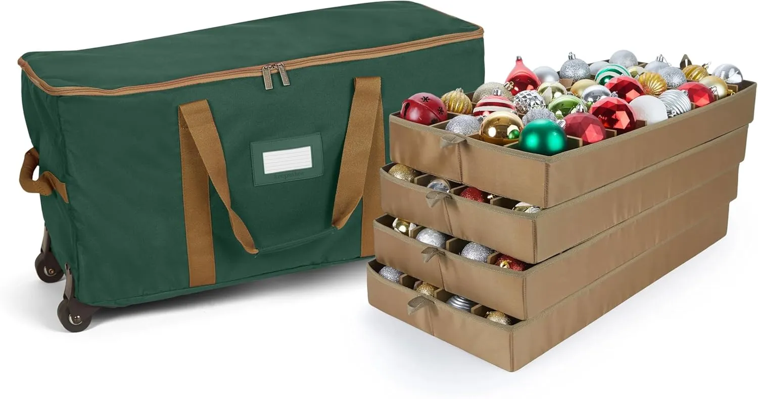 Covermates Keepsakes Rolling Adjustable Ornament Storage Bag - Carrying Handles, Padded Protection, Dual Wheels - Holiday Storage, Green