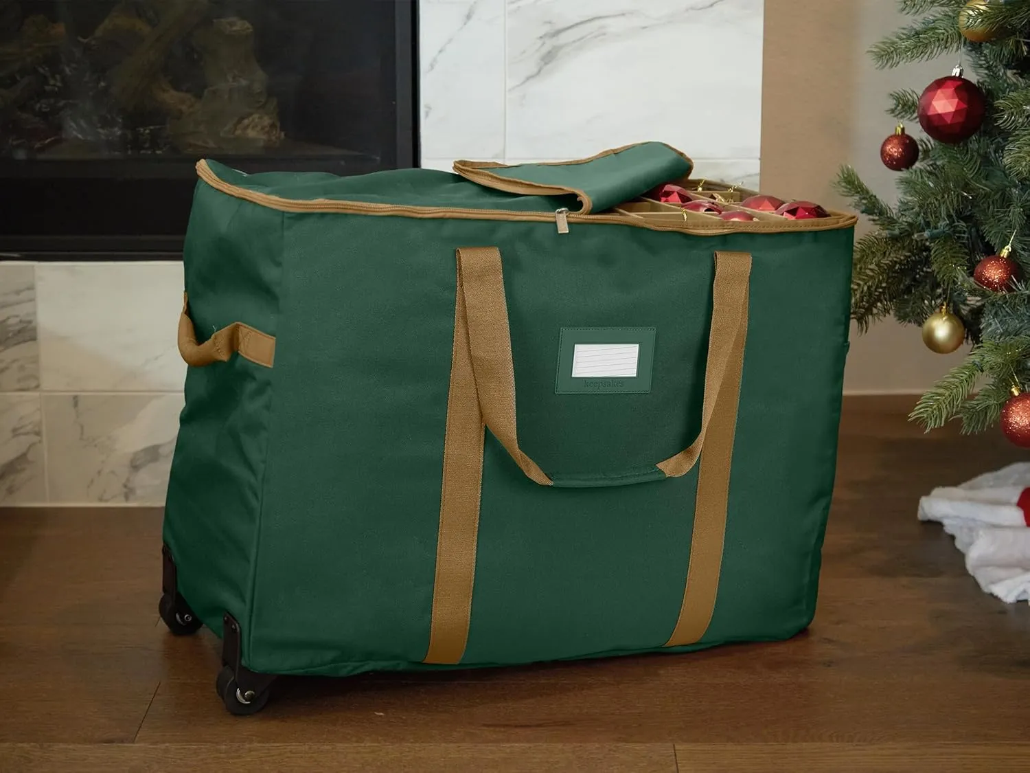 Covermates Keepsakes Rolling Adjustable Ornament Storage Bag - Carrying Handles, Padded Protection, Dual Wheels - Holiday Storage, Green