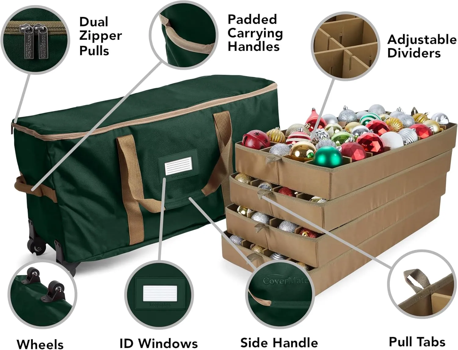 Covermates Keepsakes Rolling Adjustable Ornament Storage Bag - Carrying Handles, Padded Protection, Dual Wheels - Holiday Storage, Green