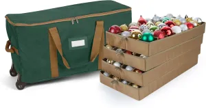 Covermates Keepsakes Rolling Adjustable Ornament Storage Bag - Carrying Handles, Padded Protection, Dual Wheels - Holiday Storage, Green