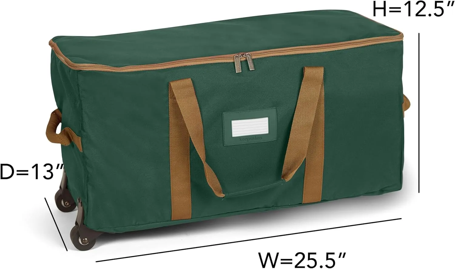 Covermates Keepsakes Rolling Adjustable Ornament Storage Bag - Carrying Handles, Padded Protection, Dual Wheels - Holiday Storage, Green