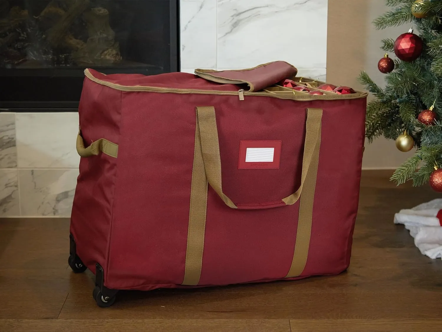 Covermates Keepsakes Rolling Adjustable Ornament Storage Bag - Carrying Handles, Padded Protection, Dual Wheels - Holiday Storage, Red