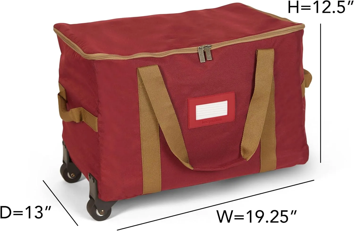 Covermates Keepsakes Rolling Adjustable Ornament Storage Bag - Carrying Handles, Padded Protection, Dual Wheels - Holiday Storage, Red