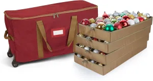Covermates Keepsakes Rolling Adjustable Ornament Storage Bag - Carrying Handles, Padded Protection, Dual Wheels - Holiday Storage, Red
