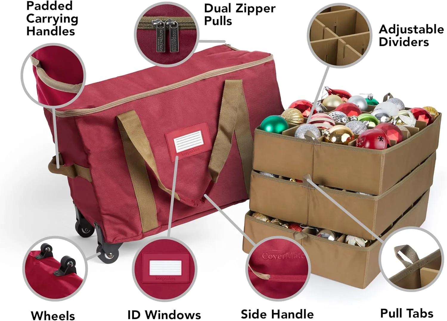 Covermates Keepsakes Rolling Adjustable Ornament Storage Bag - Carrying Handles, Padded Protection, Dual Wheels - Holiday Storage, Red