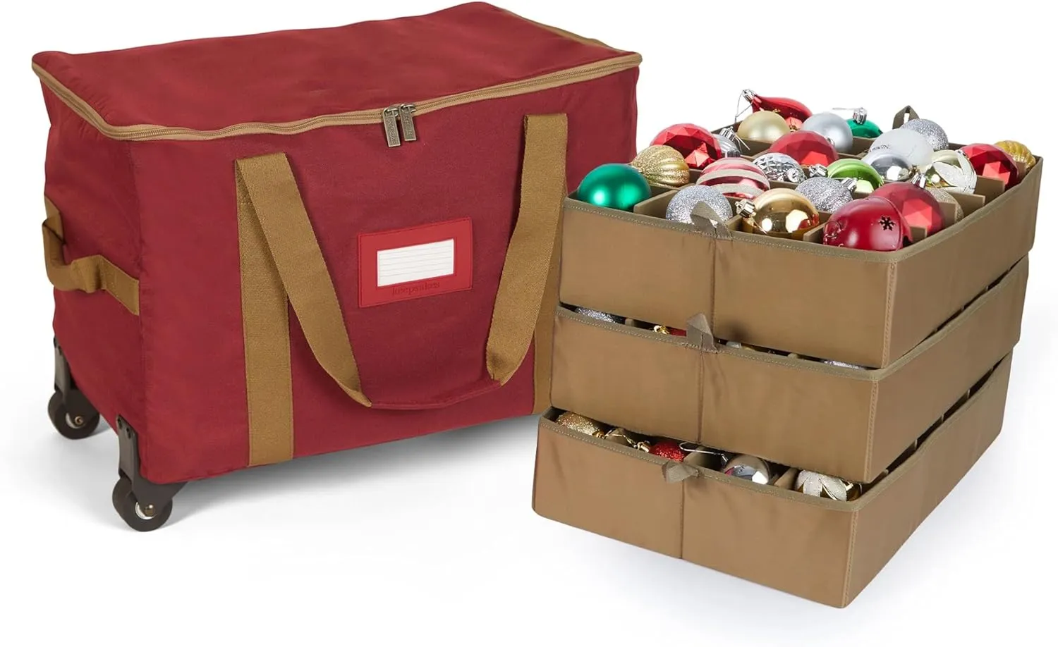 Covermates Keepsakes Rolling Adjustable Ornament Storage Bag - Carrying Handles, Padded Protection, Dual Wheels - Holiday Storage, Red