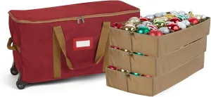 Covermates Keepsakes Rolling Adjustable Ornament Storage Bag - Carrying Handles, Padded Protection, Dual Wheels - Holiday Storage, Red
