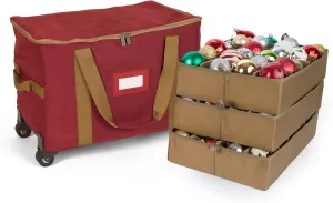 Covermates Keepsakes Rolling Adjustable Ornament Storage Bag - Carrying Handles, Padded Protection, Dual Wheels - Holiday Storage, Red