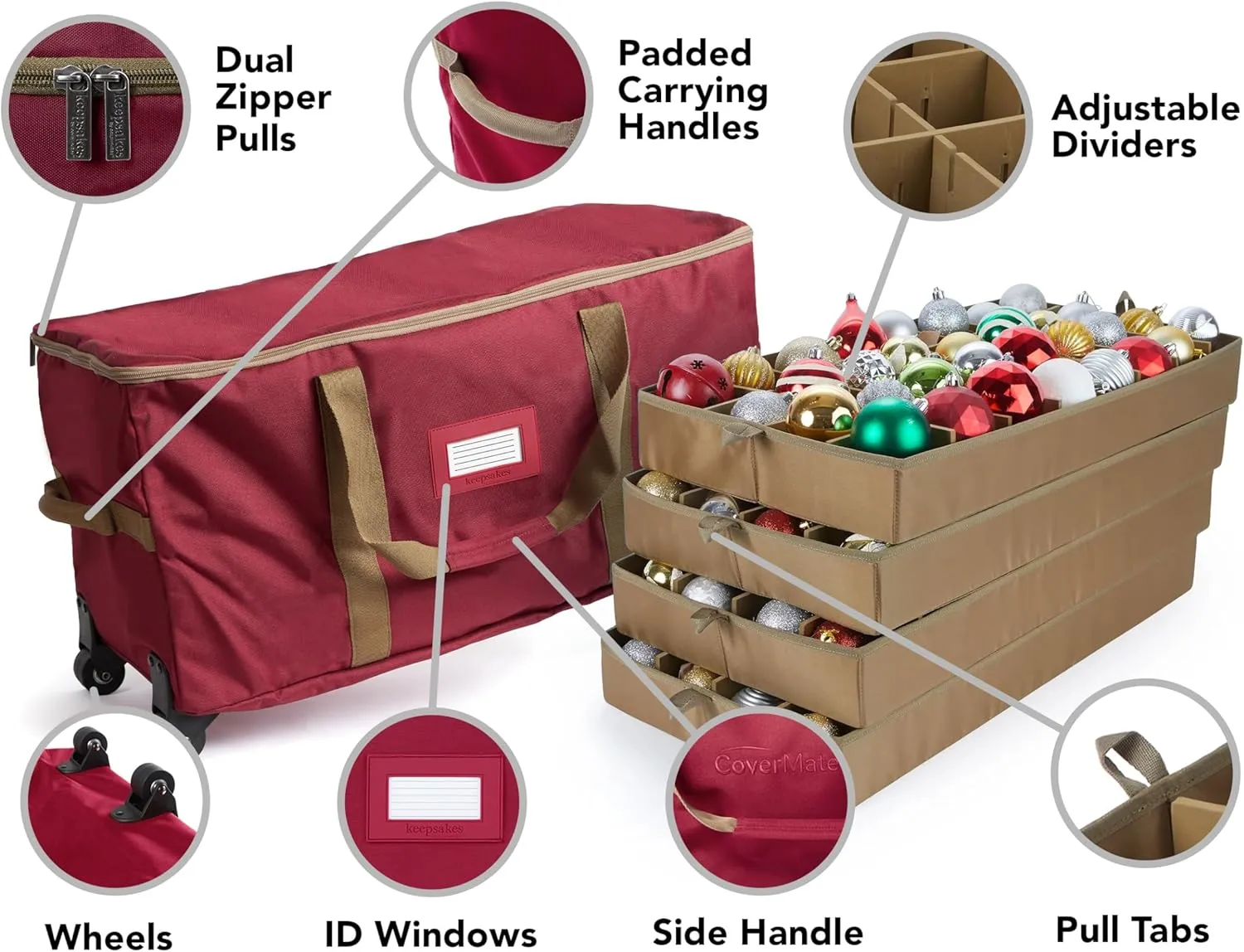Covermates Keepsakes Rolling Adjustable Ornament Storage Bag - Carrying Handles, Padded Protection, Dual Wheels - Holiday Storage, Red