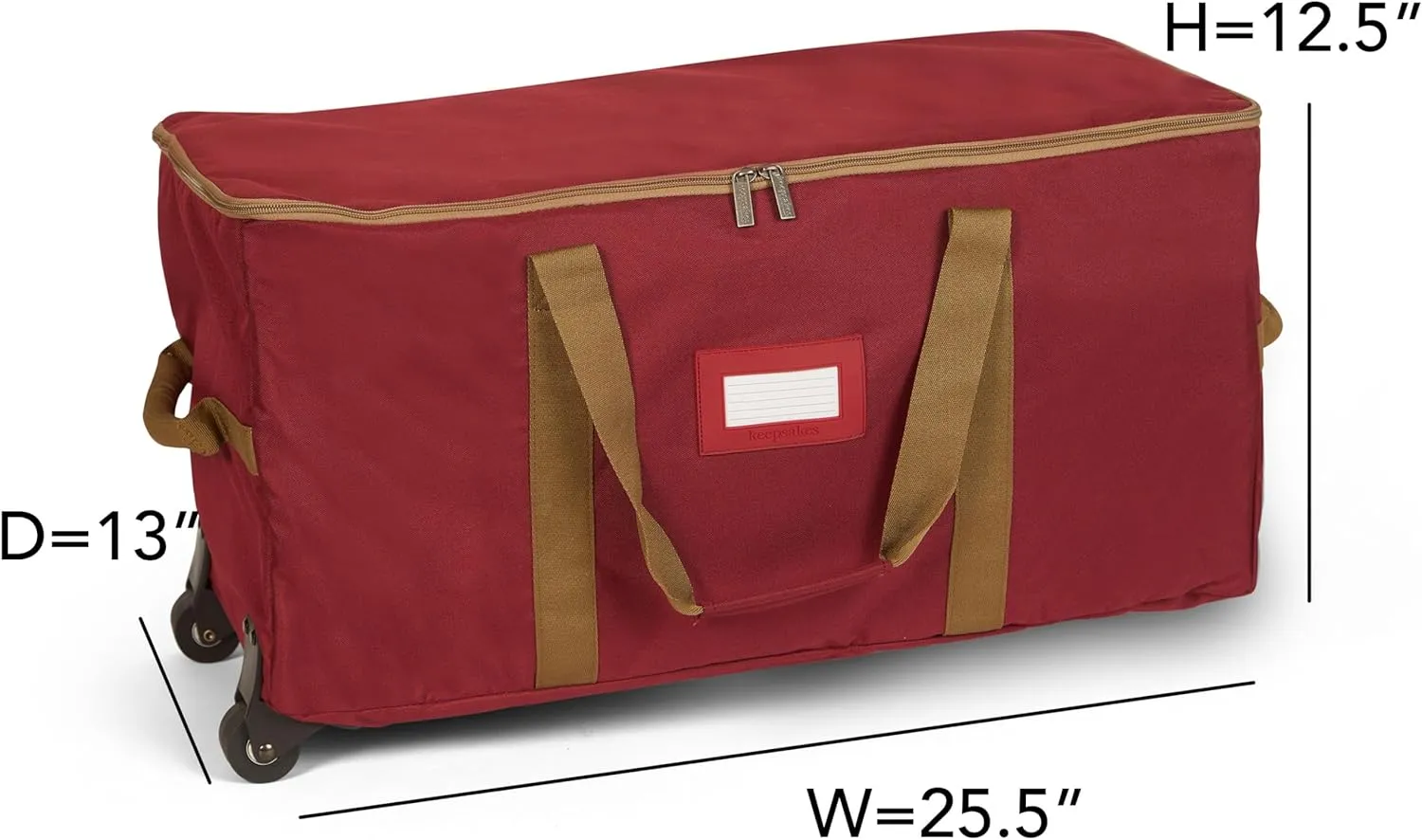 Covermates Keepsakes Rolling Adjustable Ornament Storage Bag - Carrying Handles, Padded Protection, Dual Wheels - Holiday Storage, Red