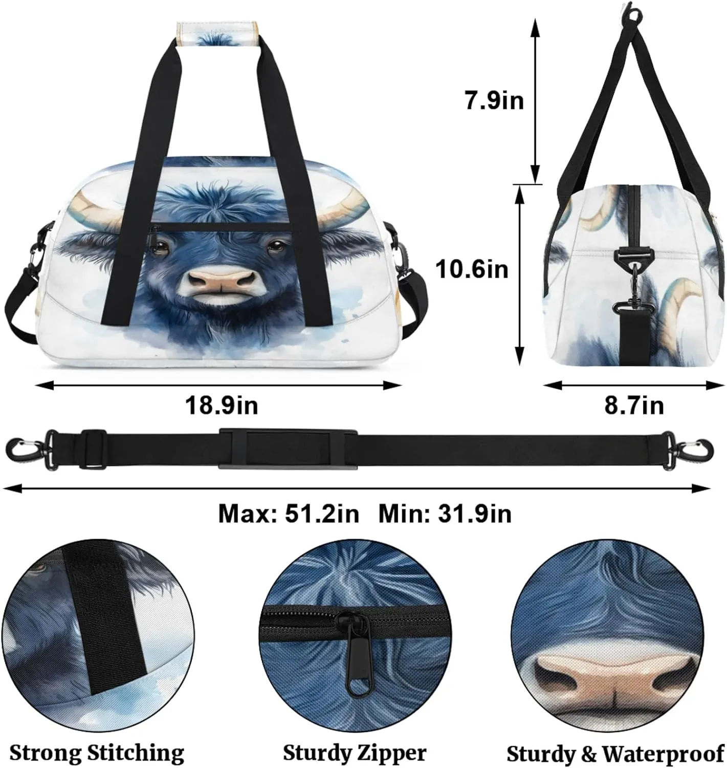 Cow Bull Small Gym Bag for Women Men, Funny Travel Duffle Bag Workout Dance Tote Bag Carry On Overnight Weekender Bag
