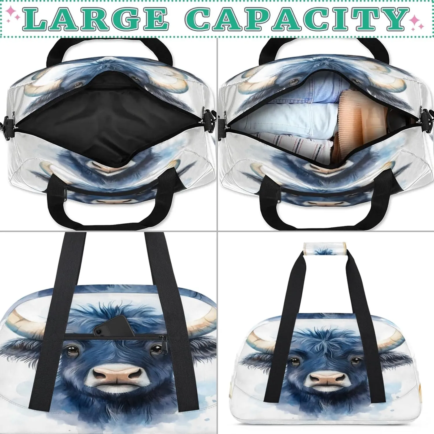 Cow Bull Small Gym Bag for Women Men, Funny Travel Duffle Bag Workout Dance Tote Bag Carry On Overnight Weekender Bag