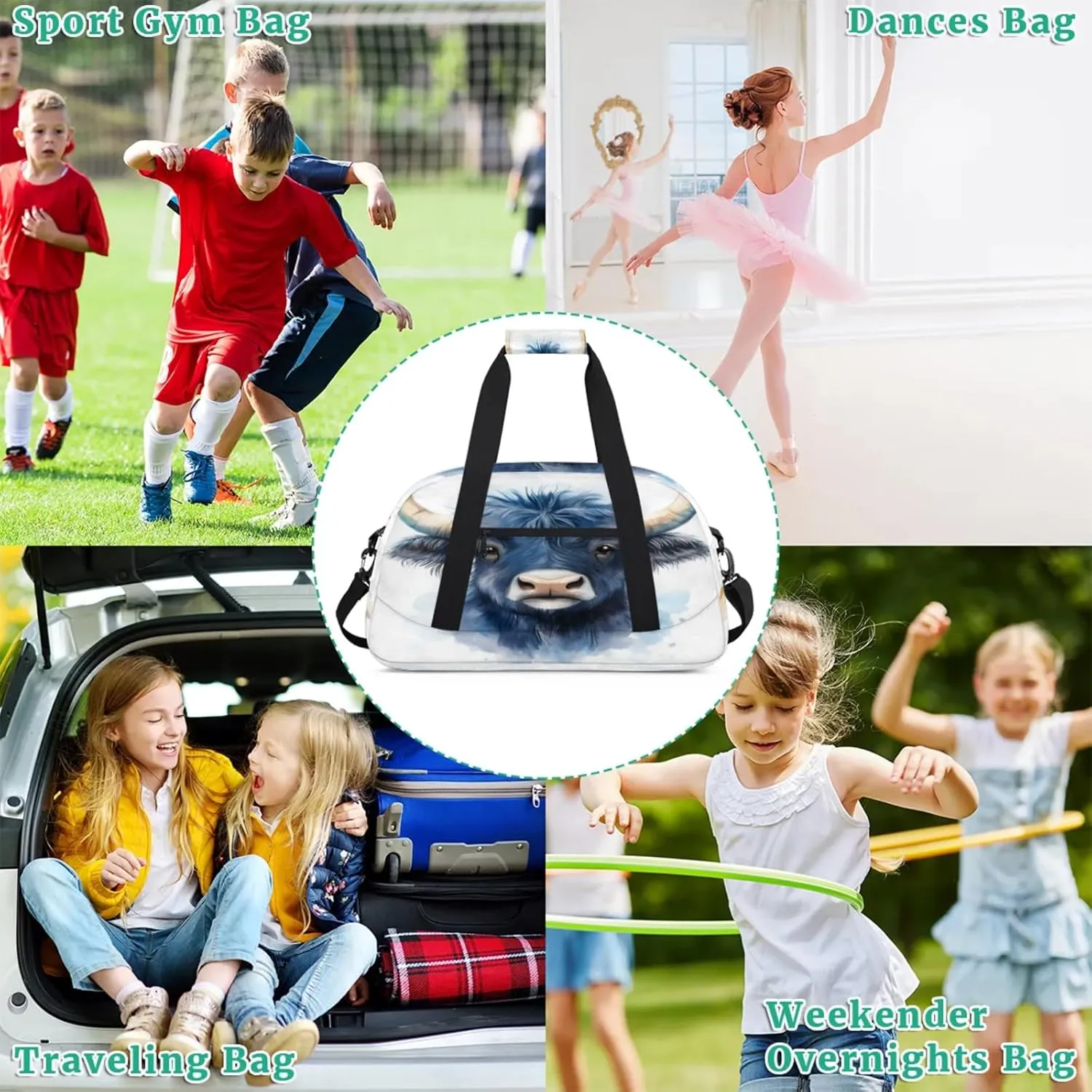 Cow Bull Small Gym Bag for Women Men, Funny Travel Duffle Bag Workout Dance Tote Bag Carry On Overnight Weekender Bag